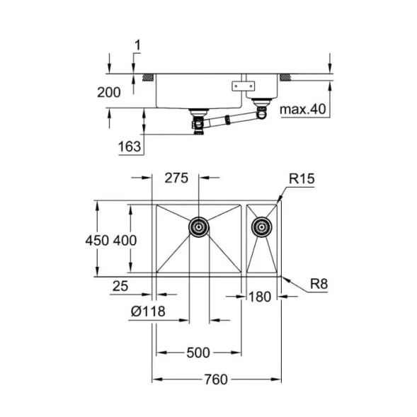 Мойка K700U, с 1,5 чашей, 760x450, нержавеющая сталь Grohe 31575SD1