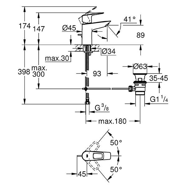 Смеситель для раковины с рычажным донным клапаном, размер S, хром Grohe BauLoop 23335001