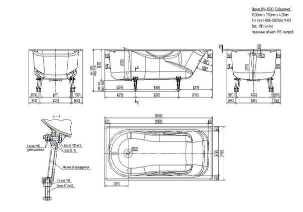 Ванна чугунная 1700*750 мм Сибирячка-У с ручками