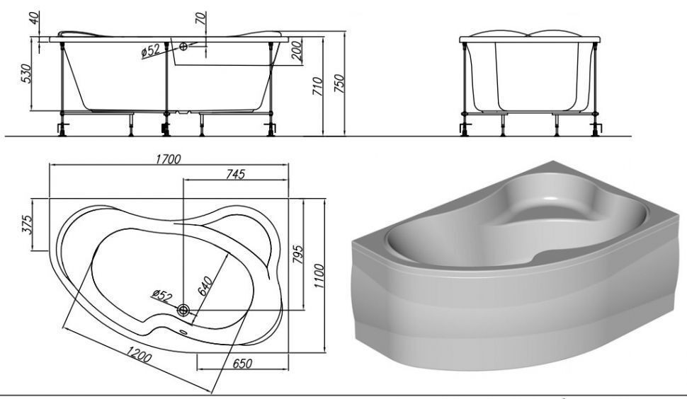 ВАННА АКРИЛОВАЯ KOLPA-SAN LULU 170*110 BASIS c каркасом лев.