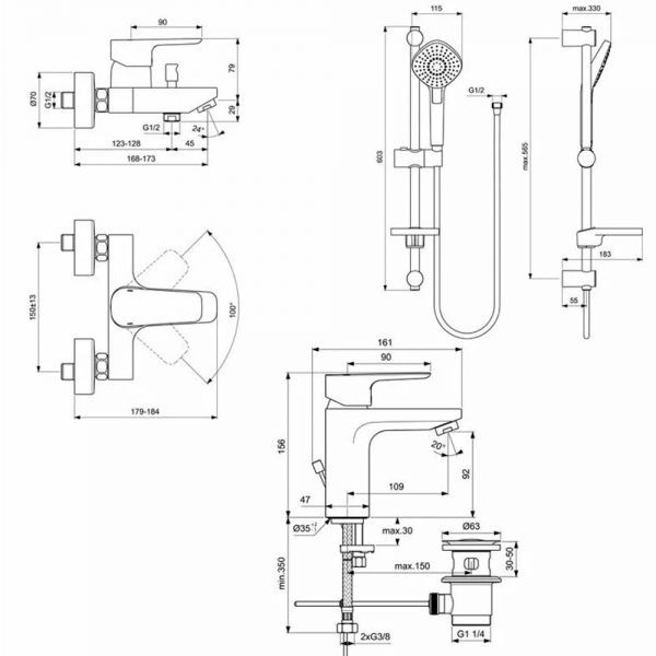 Набор 3в1: смеситель для раковины, ванны, душевой гарнитур, хром Ideal Standard Ceraflex BD001AA