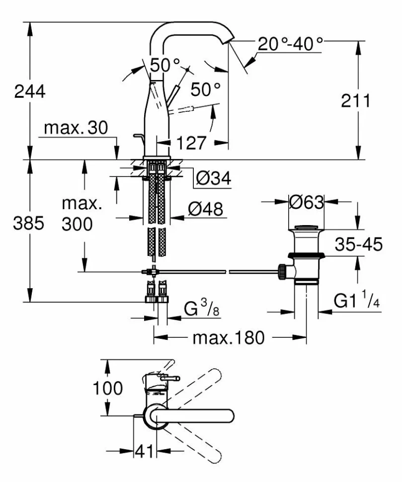 Смеситель для раковины, размер L, холодный рассвет глянцевый Grohe Essence 24174GL1