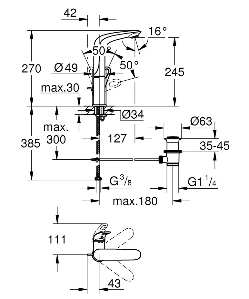 Смеситель для раковины с донным клапаном, высокий излив, хром Grohe Eurostyle 23569003
