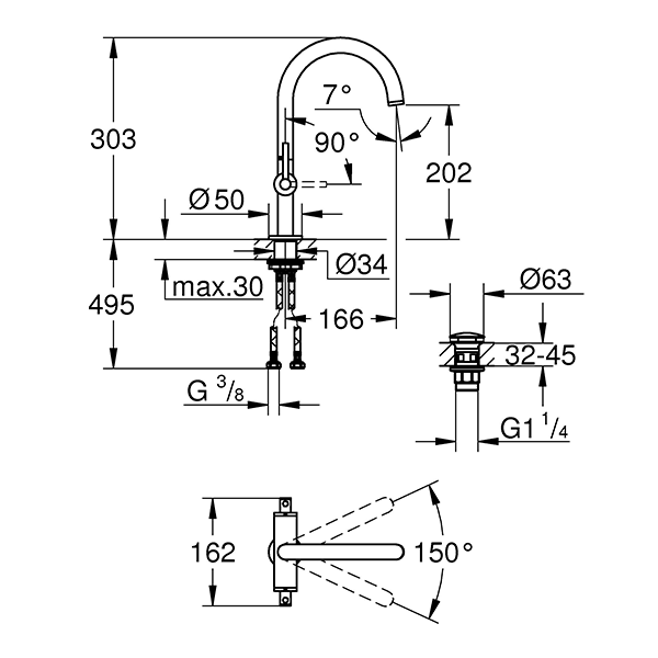 Смеситель для раковины, размер L, двухвентильный, хром Grohe Atrio 21022003