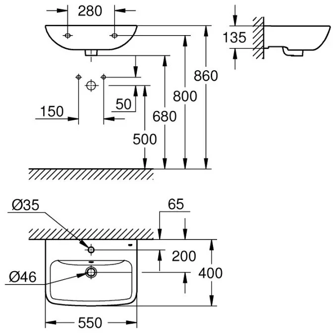 Раковина подвесная 55, с переливом, альпин-белый Grohe BauEdge Ceramic 39807000