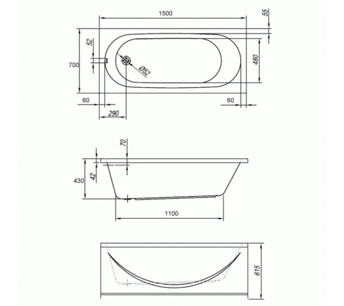 ВАННА ПРЯМОУГОЛЬНАЯ АКРИЛОВАЯ KOLPA-SAN TAMIA 150x70 с каркасом