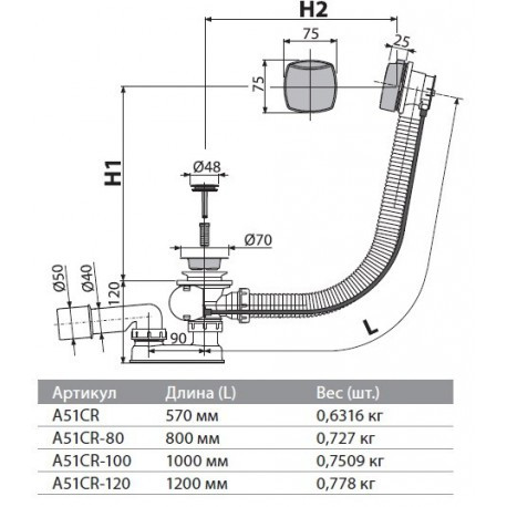 Сифон для ванны 80, автомат, комплект, хром Alcaplast A51CR-80