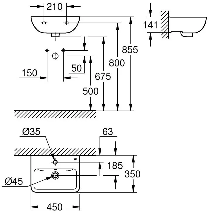 Раковина подвесная 45, с переливом, альпин-белый Grohe BauEdge Ceramic 39806000