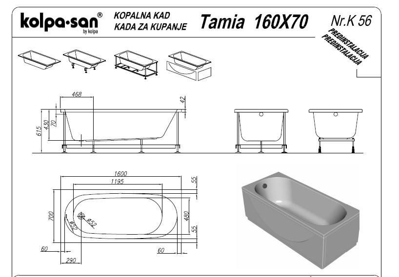 ВАННА ПРЯМОУГОЛЬНАЯ АКРИЛОВАЯ KOLPA-SAN TAMIA 160x70 с каркасом