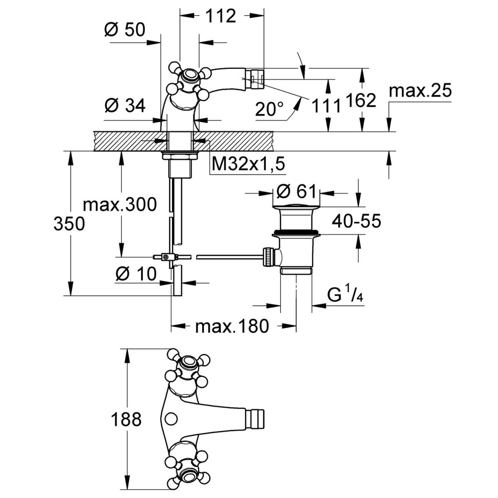 Смеситель для биде с донным клапаном, золото/хром Grohe Sinfonia 24003IG0