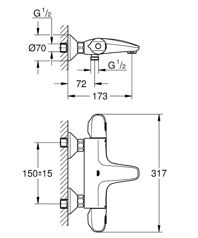 Термостат для ванны GROHE Grohtherm 1000 Pro, 1/2, настенный монтаж, (34816003)