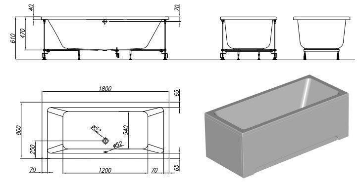 Ванна акриловая прямоугольная KOLPA-SAN ELEKTRA 180x80, BASIS в комплекте с каркасом