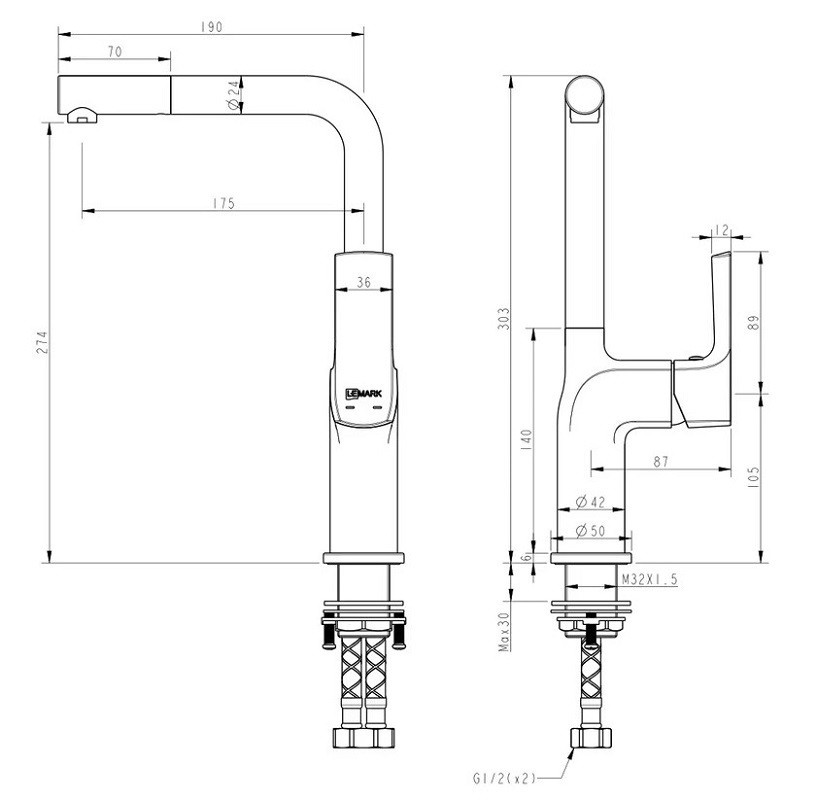LM7205BLR URSUS Смеситель для кухни с высоким поворотным изливом, черный/розовое золото