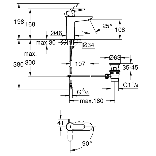 Смеситель для раковины с донным клапаном, размер M, хром Grohe BauEdge 23759000