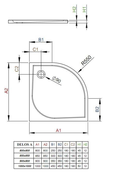 SDA0909-01 DELOS II A900 Квадратный плоский поддон для монтажа на полу