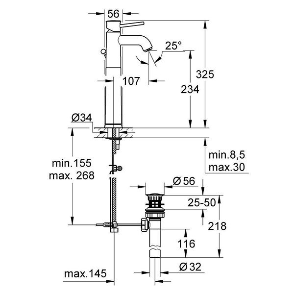 Смеситель для раковины с донным клапаном, хром Grohe BauClassic 32868000
