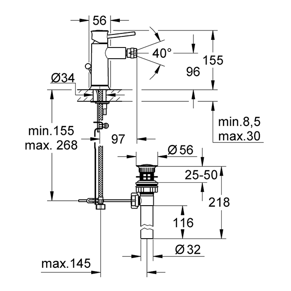 Смеситель для биде с донным клапаном, хром Grohe BauClassic 32864000