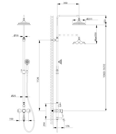 LM6362RB Перетто Смеситель для ванны с верхней душевой лейкой Тропический дождь, (к/к 3)