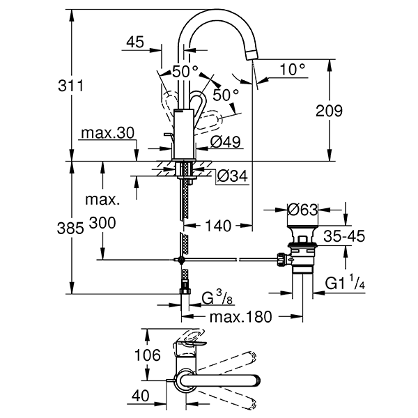 Смеситель для раковины с донным клапаном, размер L, хром Grohe BauLoop 23763000
