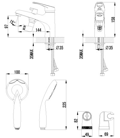 LM3115C Омега Смеситель на борт ванны, с кортким изливом , с аксессуарами хром (к/к 6)