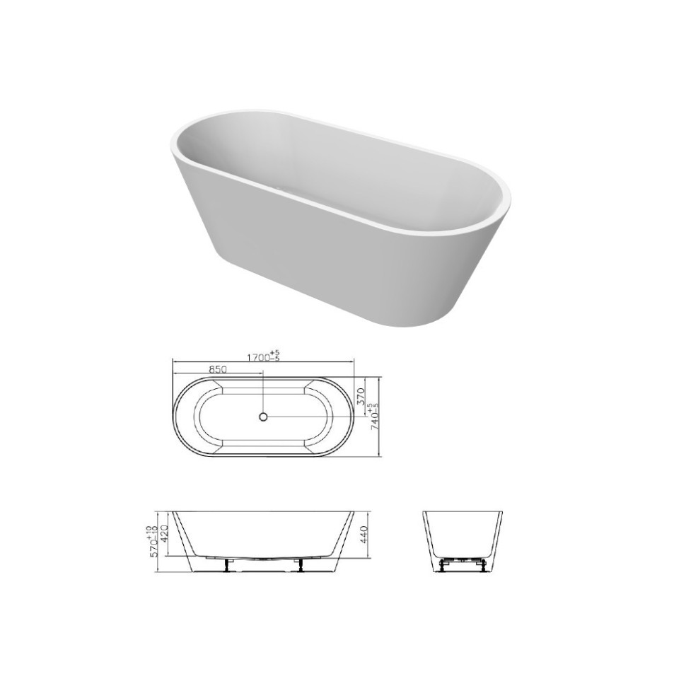 Ванна Creo 1700х740х580 акриловая, отдельностоящая с переливом и дренажом (HD8609)