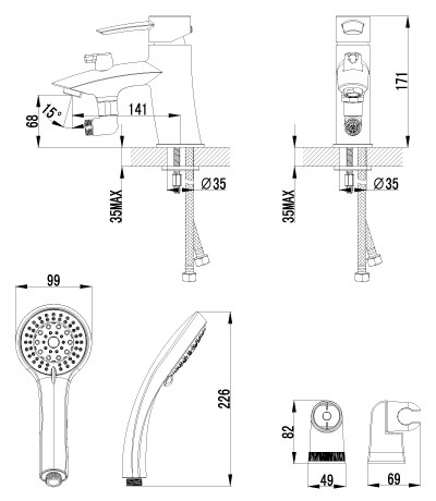 LM3215C Атлантисс Смеситель на борт ванны, с коротким изливом, с аксессуарами, хром (к/к 6)