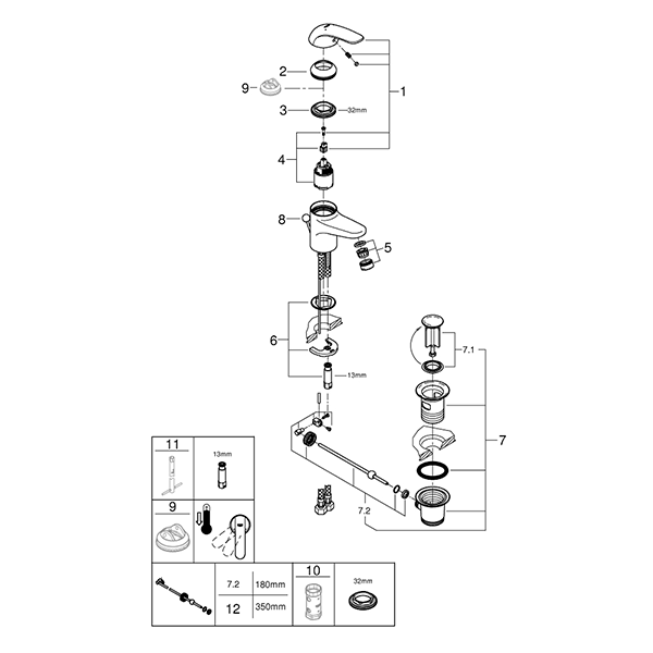 Смеситель для раковины с донным клапаном, размер S, хром Grohe Euroeco 23262000