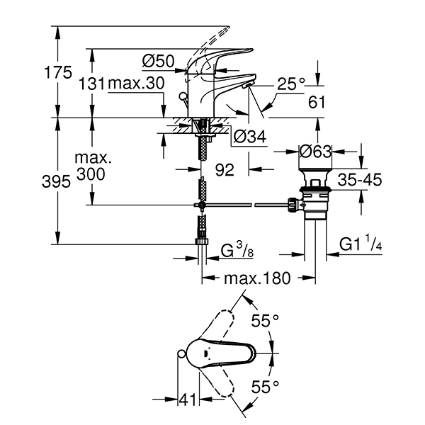 Смеситель для раковины с донным клапаном, размер S, хром Grohe Euroeco 23262000