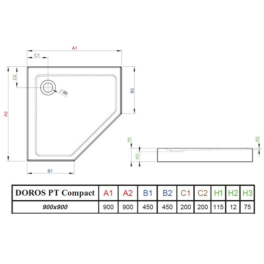 Sdrptp9090-05 doros pt compact 90*90 душевой поддон 900*900*115 (белый)
