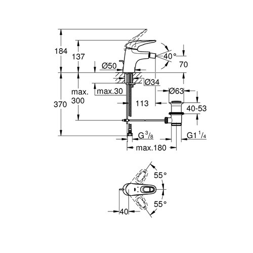 Смеситель для биде с рычажным донным клапаном, размер S, хром Grohe Eurostyle 33565003