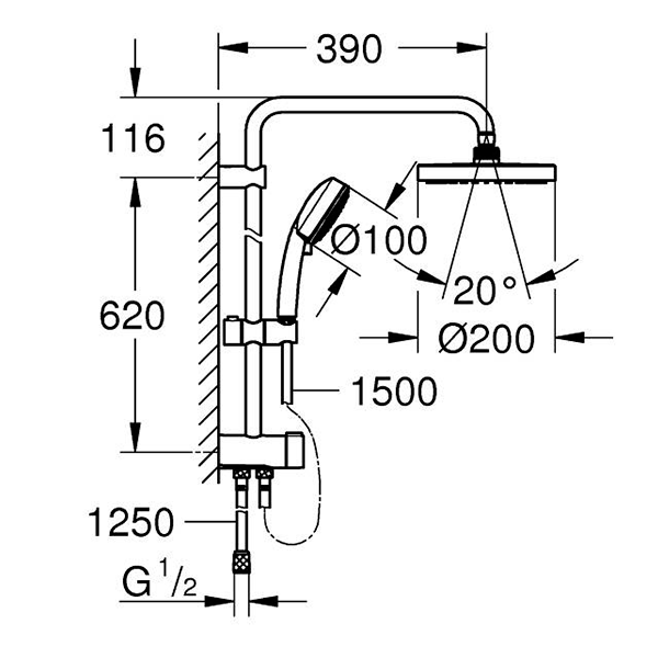 Душевая система с переключателем, без смесителя, хром Grohe Tempesta System 200 27389002