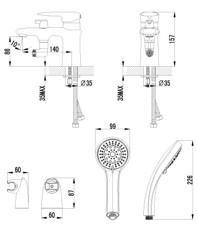 LM4415C Статус Смеситель для борт ванны, с коротким изливом, с аксессуарами, хром (к/к 6)