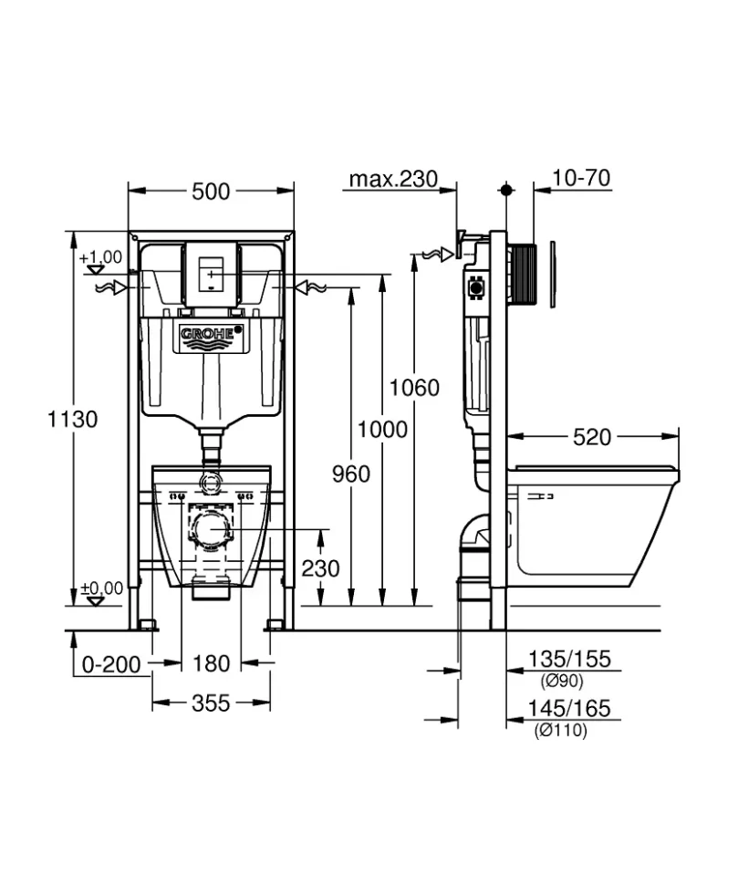 Комплект 4в1: Инсталляция с панелью смыва, унитаз с сиденьем Grohe Solido Perfect 39186000
