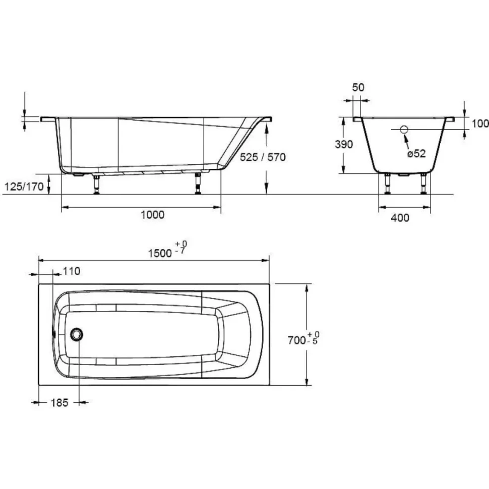 Ванна прямоугольная 150х70, акрил, белая Jacob Delafon Patio E6810RU-01