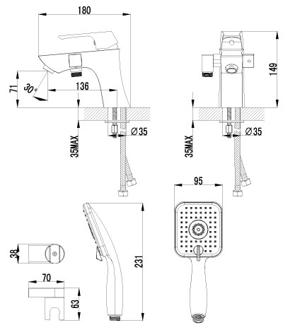 LM4515C Юнит Смеситель на борт ванны, с коротким изливом, с аксессуарами, хром (к/к 6)