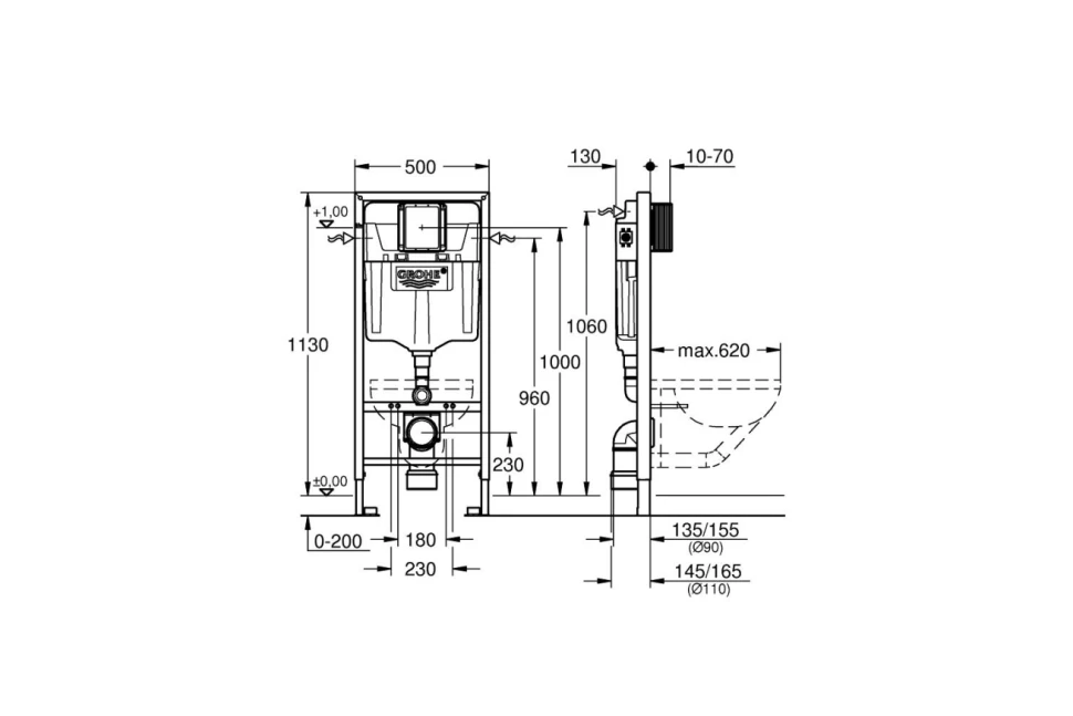 Инсталляция для подвесного унитаза, белая панель смыва Grohe Rapid SL 38772SH0