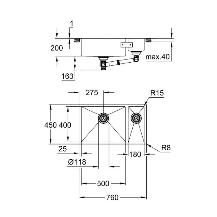 Мойка K700U, с 1,5 чашей, 760x450, нержавеющая сталь Grohe 31575SD1