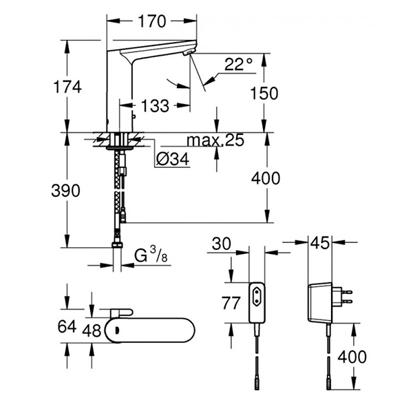 Смеситель для раковины, сенсорный, размер L Grohe Eurosmart Cosmopolitan E 36421000
