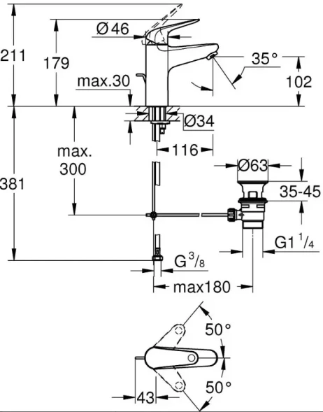 Смеситель для раковины с донным клапаном, размер M, хром Grohe Euroeco 24265001