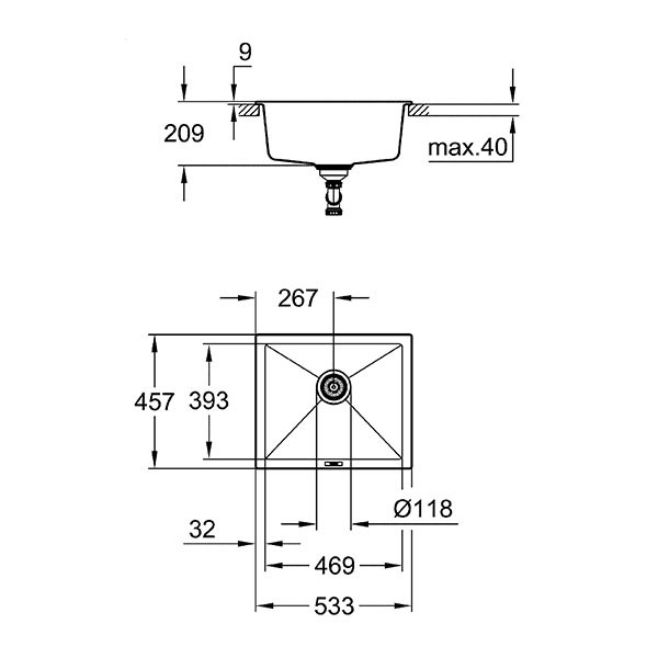 Мойка K700U, композитная, 533x457, черный гранит Grohe 31654AP0