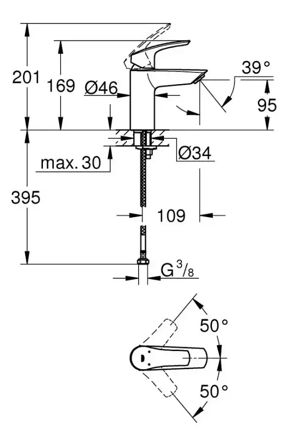 Смеситель однорычажный для раковины GROHE Eurosmart, размер S, матовый чёрный (324672433)
