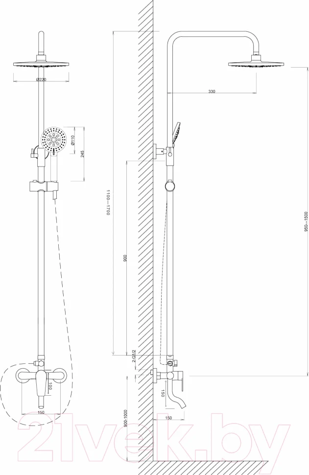 Душевая система со смесителем для ванны, хром VODA Hill VST3300-1
