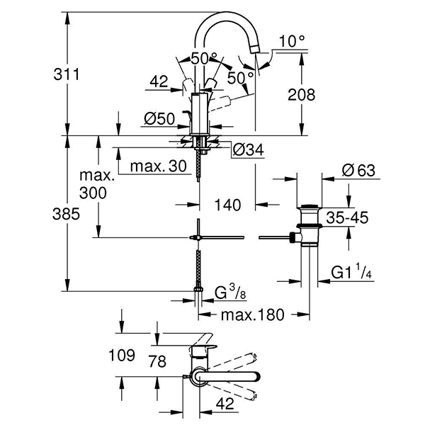 Смеситель для мойки/кухни высокий GROHE EuroSmart, боковой, хром, L-Size 23537003