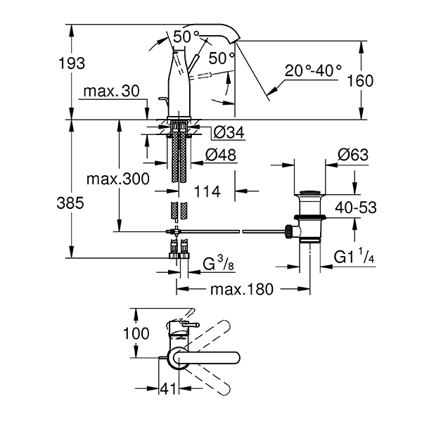 Смеситель для раковины с донным клапаном, размер M, хром Grohe Essence 23462001