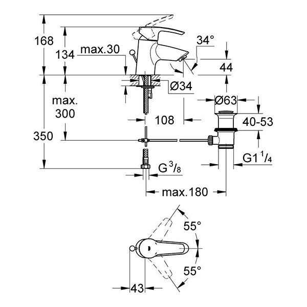 Смеситель для раковины с донным клапаном, размер S, хром Grohe Eurostyle 33552001
