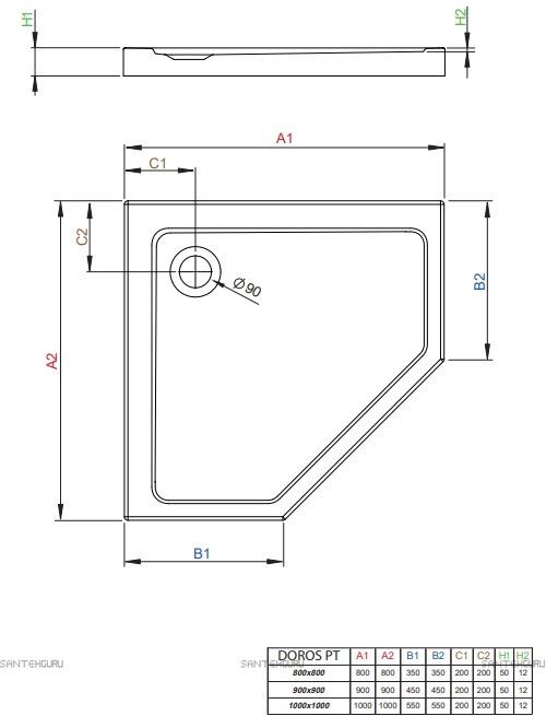 SDRPTP9090-01 Doros PT Plus 90*90 Душевой поддон 900*900*50 (Белый)