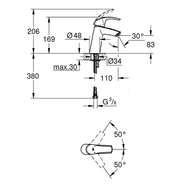 Смеситель для раковины, размер M, средний излив, хром Grohe Eurosmart 23324001
