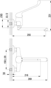 LM4611C (105B-R) Проджект Смеситель для кухни/умывальника с локтевой рукояткой, настенный, изл.200