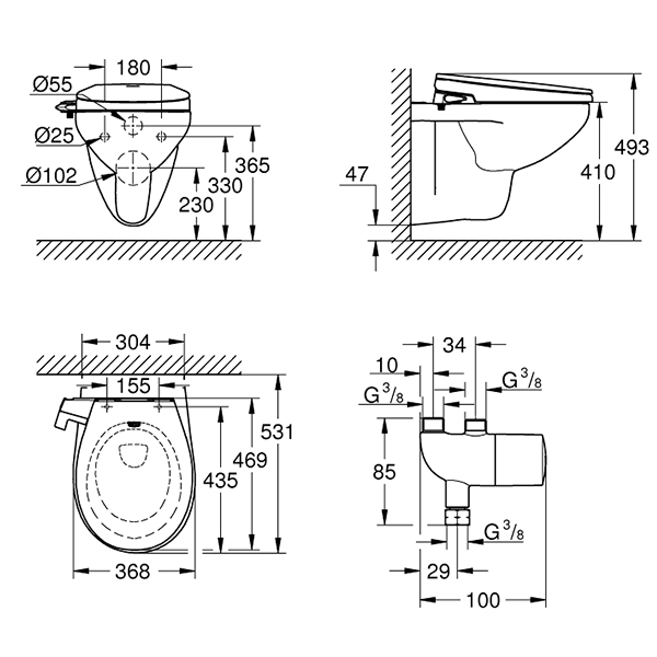 39652SH0 Комплект 3 в1 GROHE Bau: сиденье-биде, подвесной безободковый унитаз, Grohtherm Micro, альпин-белый