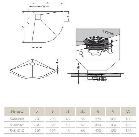 Душевая плита 990x990 с компактным трапом Radaway 5AK1010